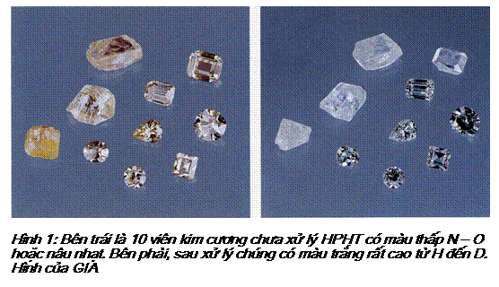 Text Box: Hình 1: Bên trái là 10 viên kim cương chưa xử lý HPHT có màu thấp N – O hoặc nâu nhạt. Bên phải, sau xử lý chúng có màu trắng rất cao từ H đến D. Hình của GIA 