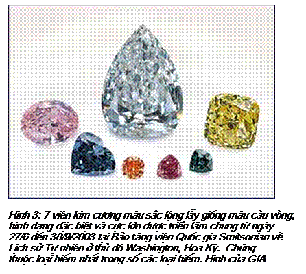 Text Box: Hình 3: 7 viên kim cương màu sắc lộng lẫy giống màu cầu vồng, hình dạng đặc biệt và cực lớn được triển lãm chung từ ngày 27/6 đến 30/9/2003 tại Bảo tàng viện Quốc gia Smitsonian về Lịch sử Tự nhiên ở thủ đô Washington, Hoa Kỳ. Chúng thuộc loại hiếm nhất trong số các loại hiếm. Hình của GIA 