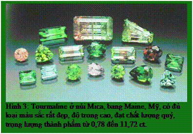 Text Box: Hình 3: Tourmaline ở núi Mica, bang Maine, Mỹ, có đủ loại màu sắc rất đẹp, độ trong cao, đạt chất lượng quý, trọng lượng thành phẩm từ 0,78 đến 11,72 ct. 
