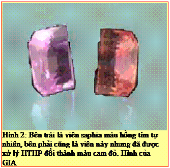 Text Box: Hình 2: Bên trái là viên saphia màu hồng tím tự nhiên, bên phải cũng là viên này nhưng đã được xử lý HTHP đổi thành màu cam đỏ. Hình của GIA 