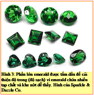 Text Box: Hình 3: Phần lớn emerald được tẩm dầu để cải thiện độ trong (độ sạch) vì emerald chứa nhiều tạp chất và khe nứt dễ thấy. Hình của Sparkle & Dazzle Co. 