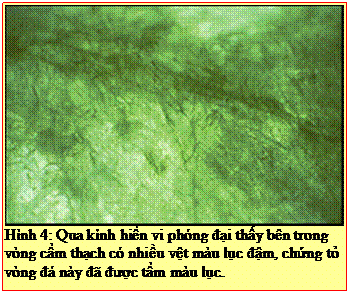 Text Box: Hình 4: Qua kính hiển vi phóng đại thấy bên trong vòng cẩm thạch có nhiều vệt màu lục đậm, chứng tỏ vòng đá này đã được tẩm màu lục. 