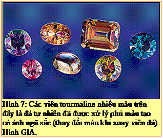 Text Box: Hình 7: Các viên tourmaline nhiều màu trên đây là đá tự nhiên đã được xử lý phủ màu tạo có ánh ngũ sắc (thay đổi màu khi xoay viên đá). Hình GIA. 