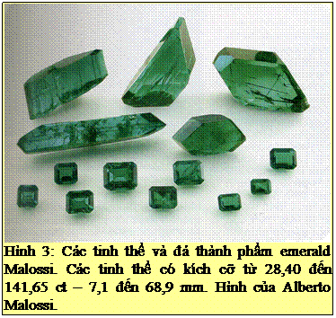 Text Box: Hình 3: Các tinh thể và đá thành phẩm emerald Malossi. Các tinh thể có kích cỡ từ 28,40 đến 141,65 ct – 7,1 đến 68,9 mm. Hình của Alberto Malossi. 
