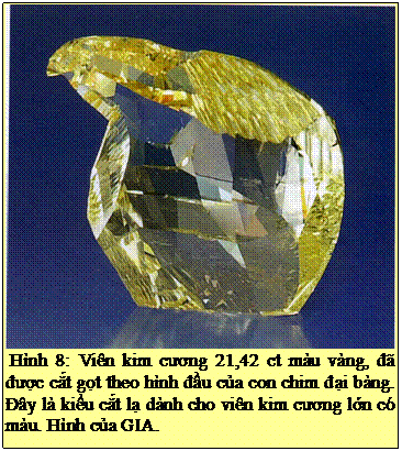 Text Box: Hình 8: Viên kim cương 21,42 ct màu vàng, đã được cắt gọt theo hình đầu của con chim đại bàng. Đây là kiểu cắt lạ dành cho viên kim cương lớn có màu. Hình của GIA. 