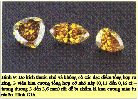 Text Box: Hình 9: Do kích thước nhỏ và không có các đặc điểm tổng hợp rõ ràng, 3 viên kim cương tổng hợp cỡ nhỏ này (0,11 đến 0,16 ct – tương đương 3 đến 3,6 mm) rất dễ bị nhầm là kim cương màu tự nhiên. Hình GIA. 