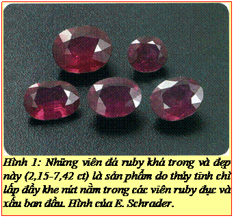 Text Box: Hình 1: Những viên đá ruby khá trong và đẹp này (2,15-7,42 ct) là sản phẩm do thủy tinh chì lấp đầy khe nứt nằm trong các viên ruby đục và xấu ban đầu. Hình của E. Schrader. 