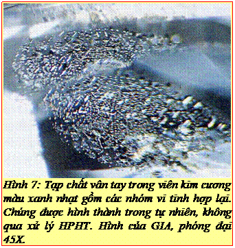 Text Box: Hình 7: Tạp chất vân tay trong viên kim cương màu xanh nhạt gồm các nhóm vi tinh hợp lại. Chúng được hình thành trong tự nhiên, không qua xử lý HPHT. Hình của GIA, phóng đại 45X. 