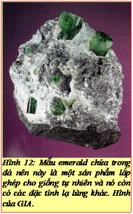 Text Box: Hình 12: Mẫu emerald chứa trong đá nên này là một sản phẩm lắp ghép cho giống tự nhiên và nó còn có các đặc tính lạ lùng khác. Hình của GIA. 