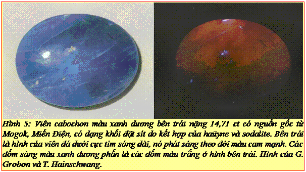 Text Box: Hình 5: Viên cabochon màu xanh dương bên trái nặng 14,71 ct có nguồn gốc từ Mogok, Miến Điện, có dạng khối đặt sít do kết hợp của haüyne và sodalite. Bên trái là hình của viên đá dưới cực tím sóng dài, nó phát sáng theo đới màu cam mạnh. Các đốm sáng màu xanh dương phấn là các đốm màu trắng ở hình bên trái. Hình của G. Grobon và T. Hainschwang. 