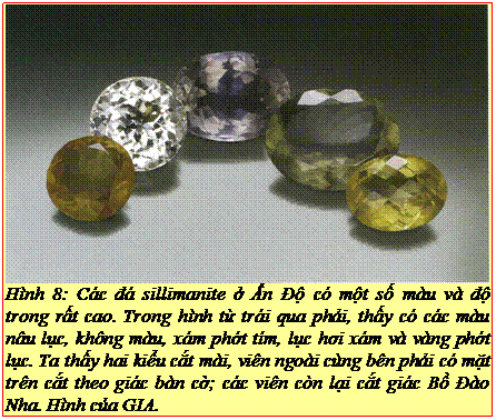 Text Box: Hình 8: Các đá sillimanite ở Ấn Độ có một số màu và độ trong rất cao. Trong hình từ trái qua phải, thấy có các màu nâu lục, không màu, xám phớt tím, lục hơi xám và vàng phớt lục. Ta thấy hai kiểu cắt mài, viên ngoài cùng bên phải có mặt trên cắt theo giác bàn cờ; các viên còn lại cắt giác Bồ Đào Nha. Hình của GIA. 