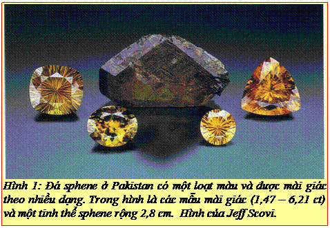 Text Box: Hình 1: Đá sphene ở Pakistan có một loạt màu và được mài giác theo nhiều dạng. Trong hình là các mẫu mài giác (1,47 – 6,21 ct) và một tinh thể sphene rộng 2,8 cm. Hình của Jeff Scovi. 