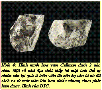 Text Box: Hình 4: Hình minh họa viên Cullinan dưới 2 góc nhìn. Một số nhà địa chất thấy bề mặt tinh thể tự nhiên còn lại quá ít trên viên đá nên họ cho là nó đã tách ra từ một viên lớn hơn nhiều nhưng chưa phát hiện được. Hình của DTC. 