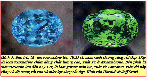 Text Box: Hình 3: Bên trái là viên tourmaline lớn 48,23 ct, màu xanh dương sáng rất đẹp. Đây là loại tourmaline chứa đồng chất lượng cao, xuất xứ ở Mozambique. Bên phải là viên tsavorite lớn đến 62,81 ct, là loại garnet màu lục, xuất xứ Tanzania. Viên đá này cũng có độ trong rất cao và màu lục sáng rất đẹp. Hình của Harold và Jeff Scovi.
